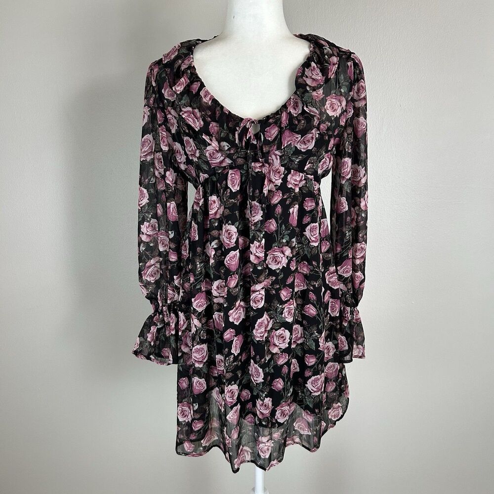 Size M Rose Floral Dress Mini Romantic Chiffon Whimsigoth Fairy Cottage Peasant